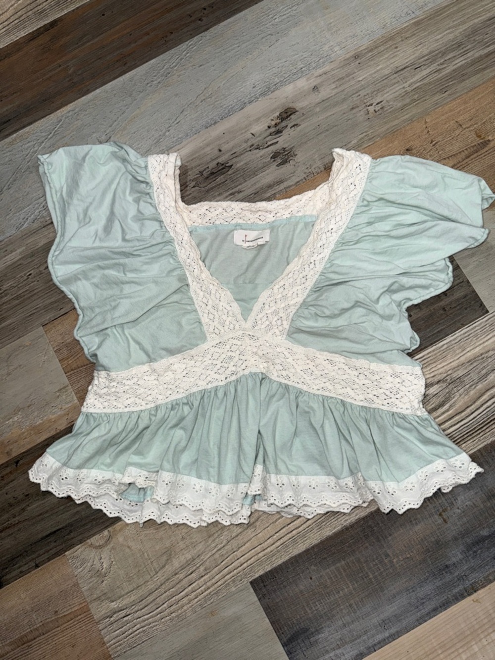 Anthropologie Mint Green Lace-Trim Peplum Blouse